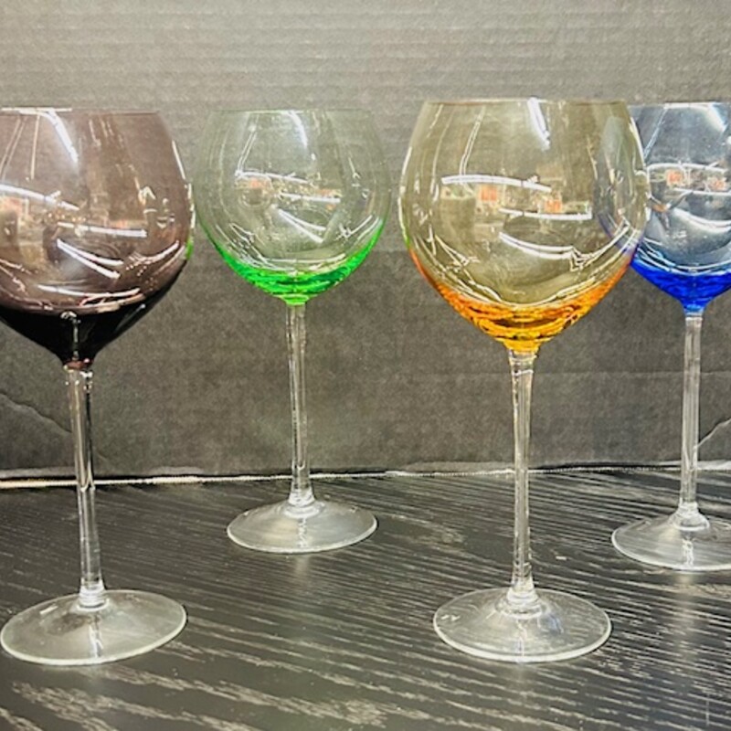 Set of 4 Lenox Colorful Wine Glasses
Green Blue Yellow Purple
Size: 4.5 x 9H
Original box included