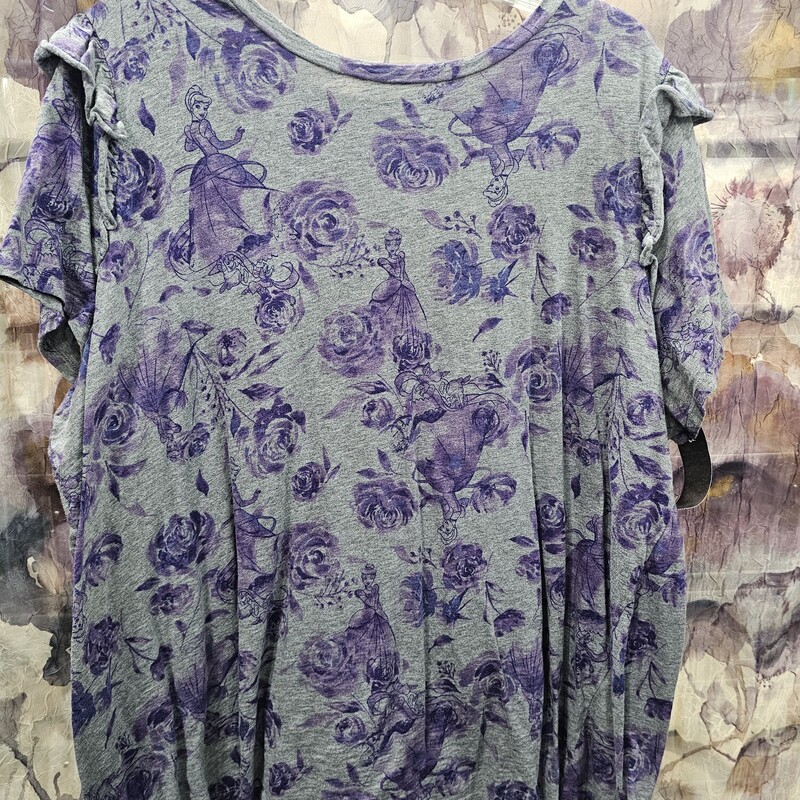 Short sleeve tee in grey with purple floral design and Cinderella graphics