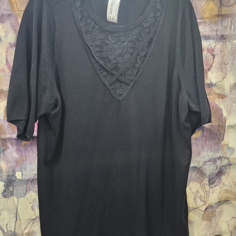 Super light weight short sleeve sweater in black with lace neck insert