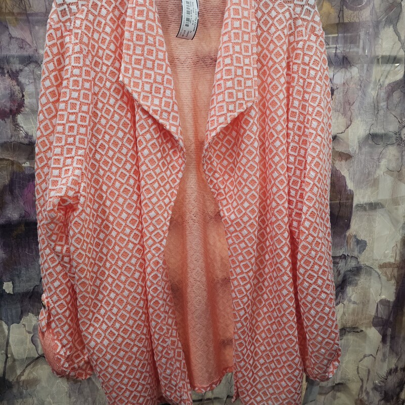 No close front, soft sherbert orange and white patterned duster that will hit at the butt. Brand new with tags and retails for $69