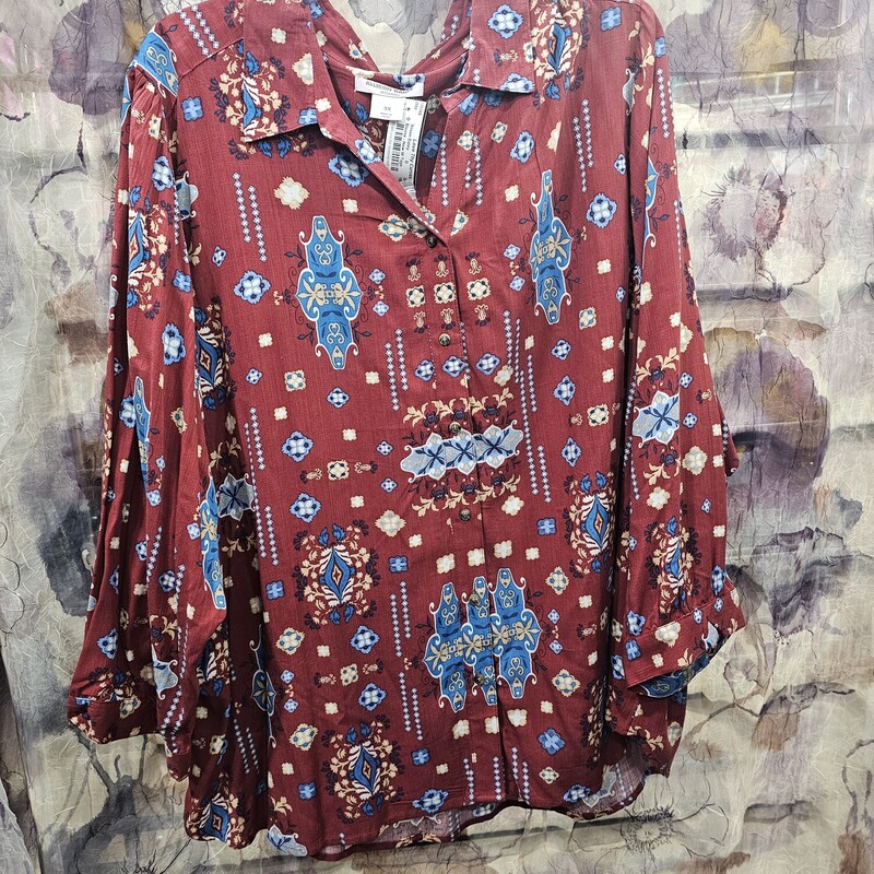 Brand new with tags, button up style blouse in burgandy printed