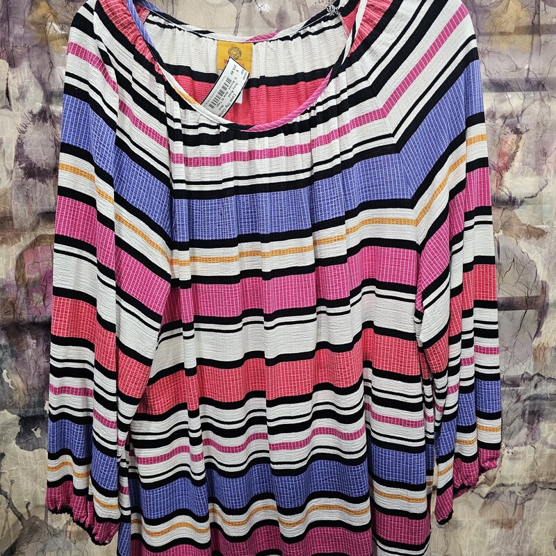 Brand new with tags, this blouse is white with mutli colored stripes.