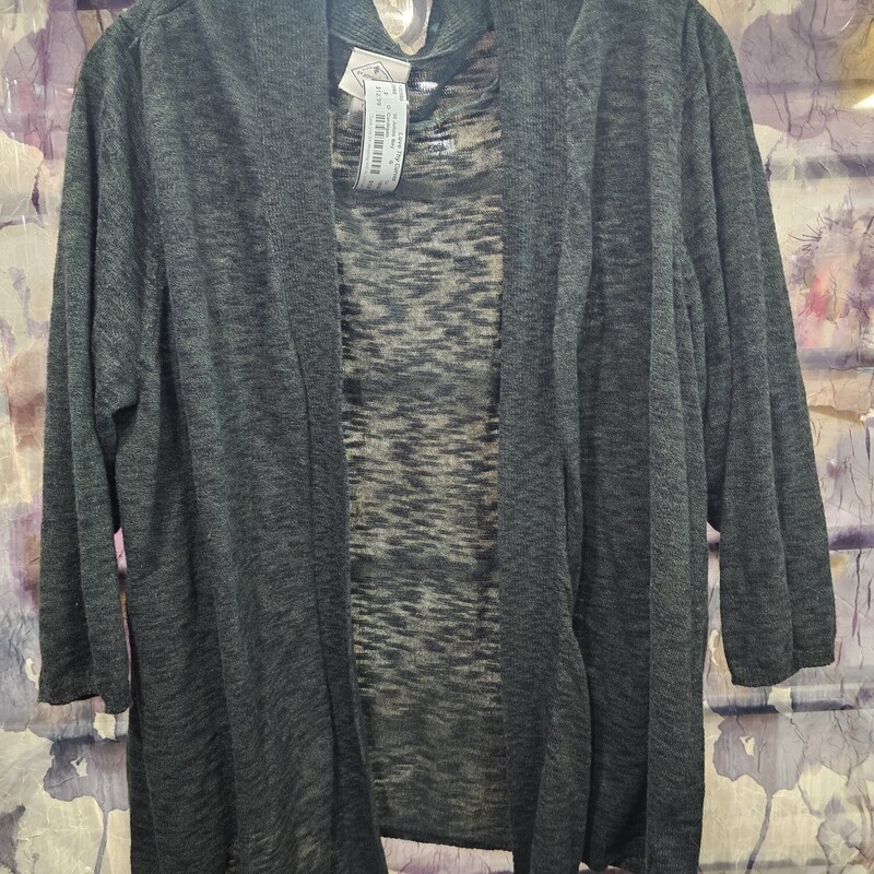 No close front cardigan in black and green pattern. Light weight.