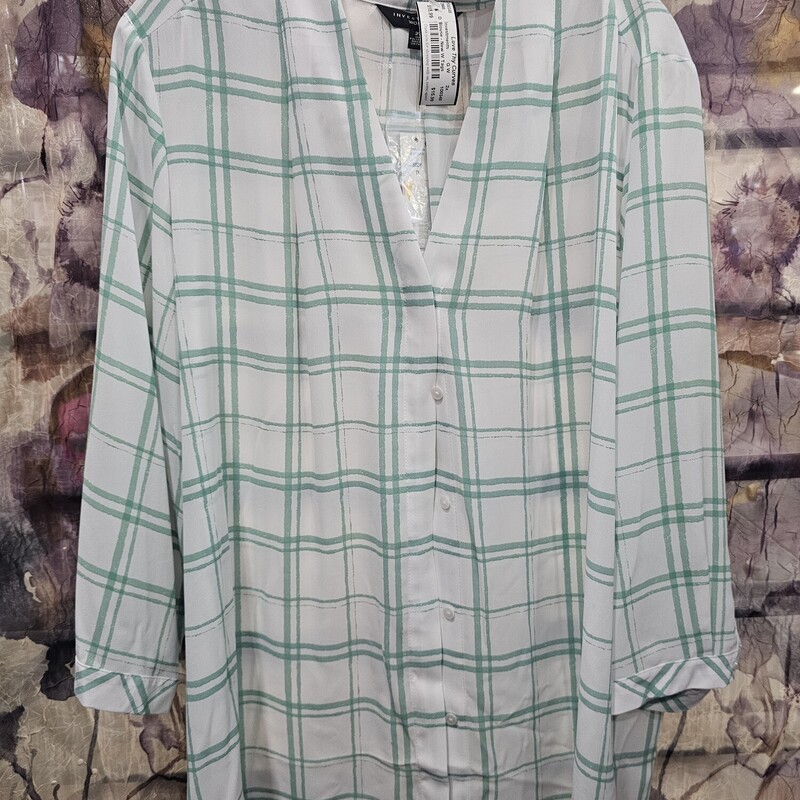 Button up collarless blouse in white and mint green. Brand new with tags and retails for $59