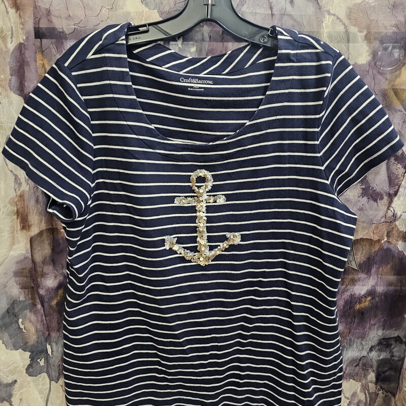 Short sleeve knit tee in blue and white stripe with sequin anchor on the front. Cruise wear !!!