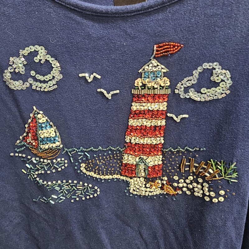 Half sleeve knit top in blue with sequin and beaded light house and beach scene