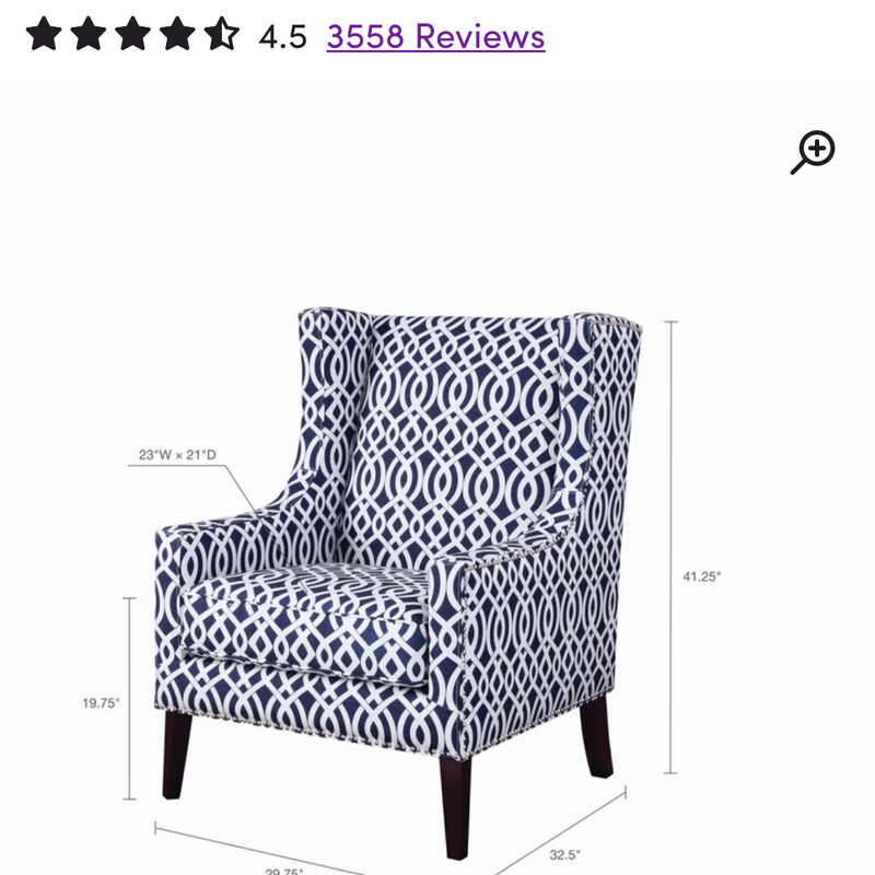 Charlton Home Wide WingBack, Navy/White Print<br />
Original Price$459 on Wayfir , Now $290.00<br />
These chairs are in Great Condition !<br />
Disclosure:There are a few scratches on the legs<br />
<br />
Delivery within the area of Plymouth,WI is available for a fee:-)<br />
<br />
All Sales Are Final<br />
<br />
Please pickup within 7 days of purchase<br />
<br />
Thank You <3