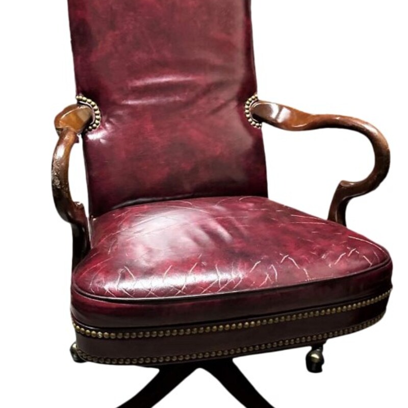 Hancock Moore Leather Desk Chair
Burgundy Leather Brown Wood Arms
Adjustable
Size: 26 x 20 x 44H
