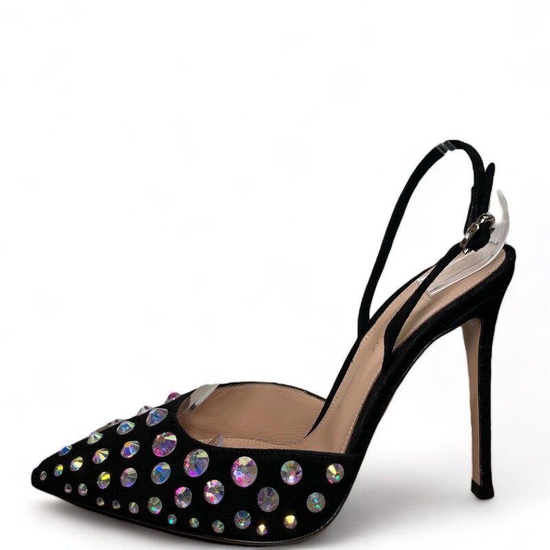 Rossi Black Sequin
 Size 39
Spectra 110mm pumps

Color: Black

Spectra 110mm pumps from GIANVITO ROSSI featuring crystal embellishment, buckle-fastening slingback strap, pointed toe, high heel, branded insole, black and calf suede/calf leather.

Made in Italy.