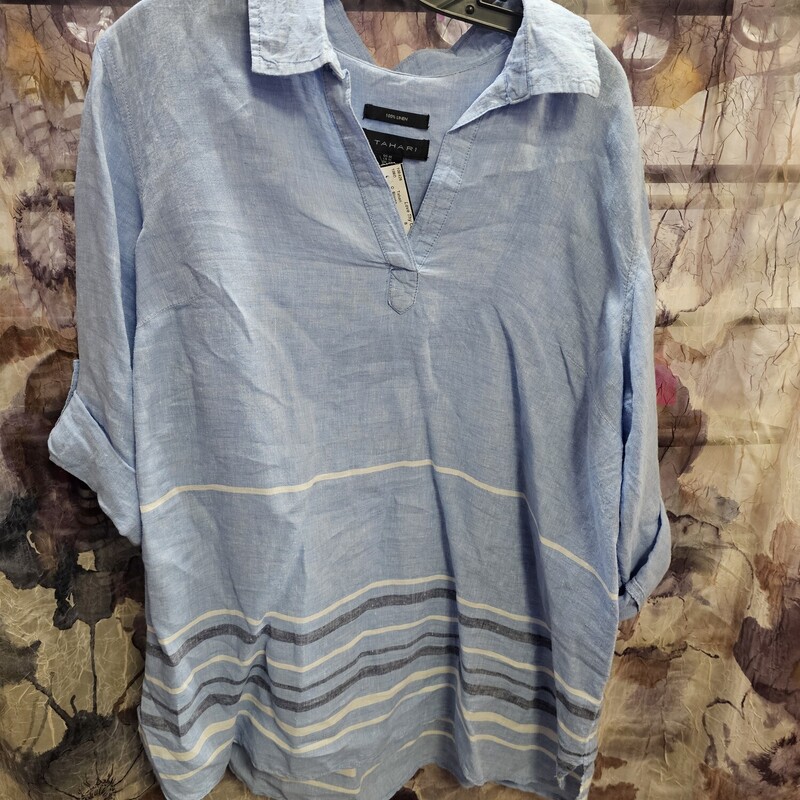 Linen tunic style blouse with denim blue color and striping.