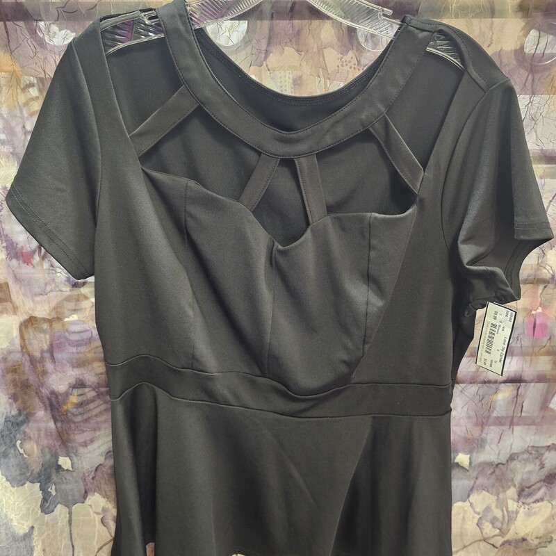 Super cute black short sleeve blouse, form fitted with lattice cut out neckline.