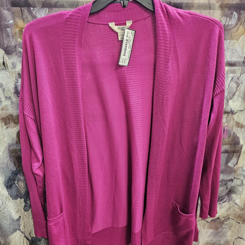 Magenta duster that will hit just below the butt. No close front, lighter weight and long sleeves
