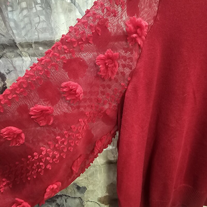 OMG this sweater! Red sweater with long sheer sleeves adorned with rosettes.
