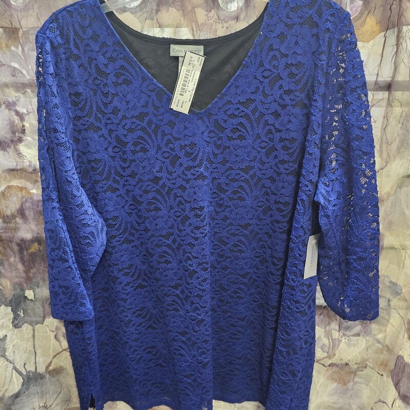 Brand new with tags and retails for $60. This blouse is half sleeve, double layered black and blue lace top.