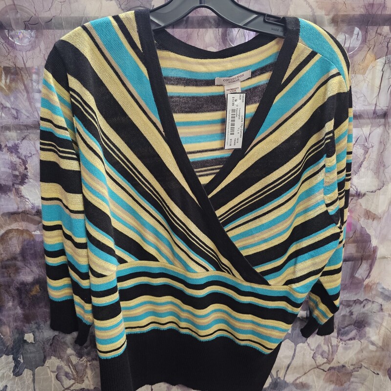 Half sleeve light weight sweater in black teal and yellow stripe.