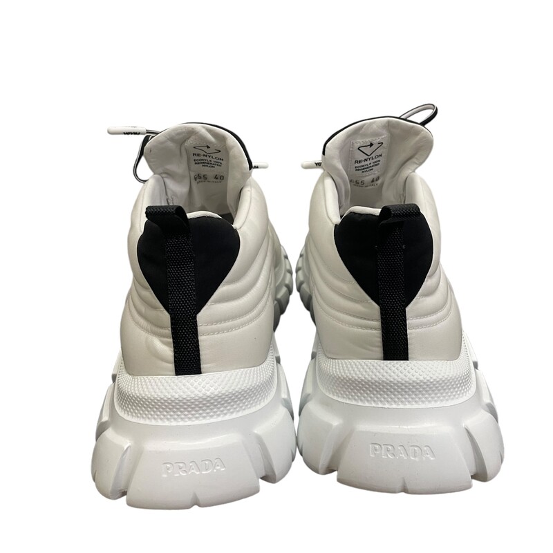 Prada Rush Gabardine Low-Top Nylon Sneakers<br />
White<br />
Size: 40<br />
*Some minor yellowing of fabric by soles