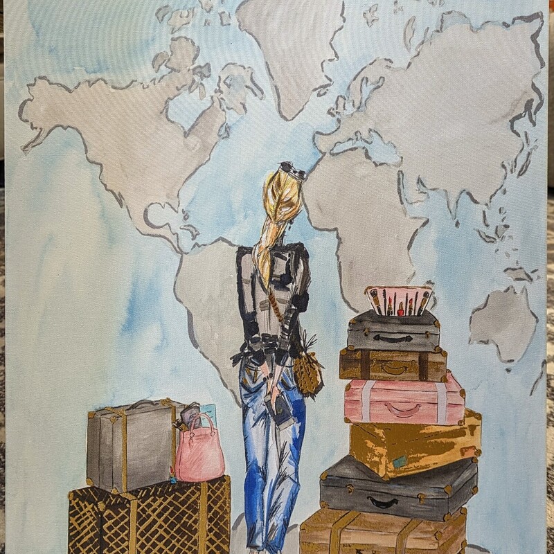 Colleen Karis Girl Traveler Canvas
Blue Grey Pink Brown
Size: 16x20H