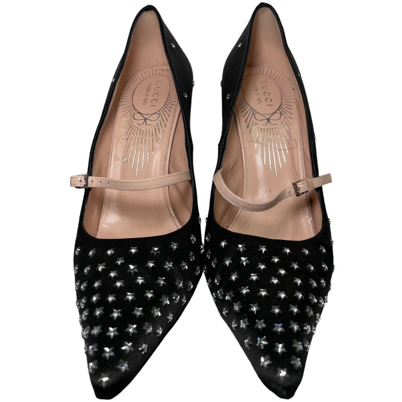 Gucci Star Jodie Heels<br />
 Size: 38.5<br />
Gucci Satin Pumps<br />
Black<br />
Patent Leather Trim<br />
Semi-Pointed Toes with Crystal Embellishments<br />
Mary Jane Strap & Buckle Closure at Ankles