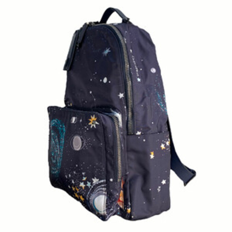 Valentino Rockstud Space Navy<br />
<br />
Dimensions:<br />
Shoulder Strap Length: 14<br />
Handle Drop: 2<br />
Height: 18<br />
Width: 12<br />
Depth: 5.25<br />
<br />
Valentino navy and multicolor nylon backpack with gunmetal hardware, dual leather flat adjustable shoulder straps, leather logo placard at back, Rockstud embellishments at exterior, three exterior pockets; one with zip closure, tonal nylon lining, four interior pockets and two-way zip closure. Includes luggage tag, dust bag and tag.