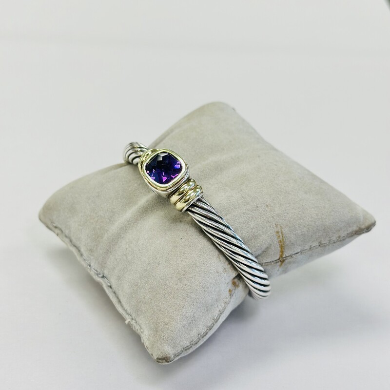David Yurman Sterling Silver and 14K Gold Cable Bangle with Amethyst