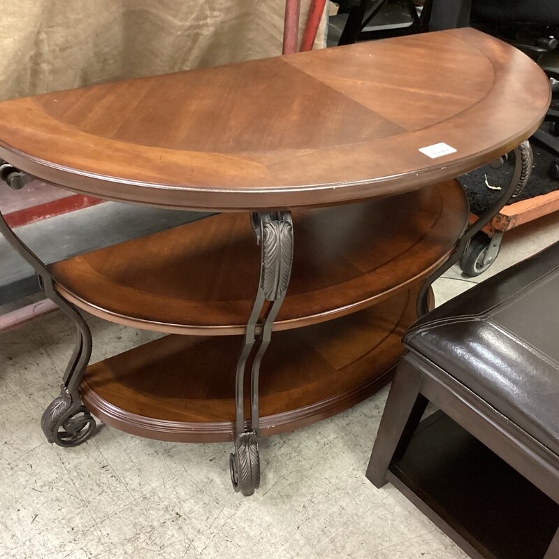 1/2 Moon Entry Table, Dk Wood, 3 Levels
48in wide x 19in deep x 30in tall