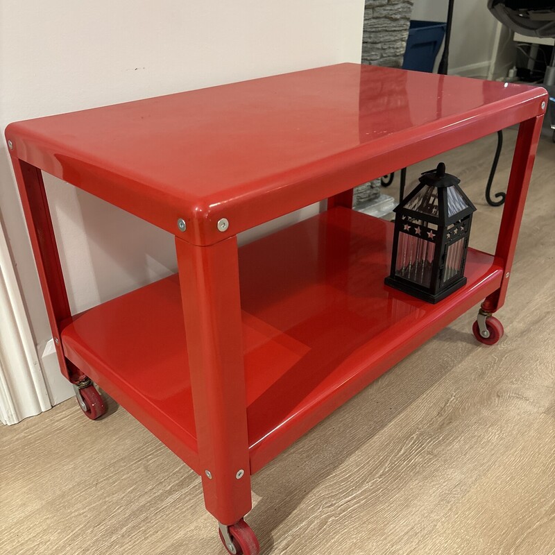 Ikea Red Metal Table With Shelf On Casters<br />
Red<br />
Size: 27W X 16D x 19H In
