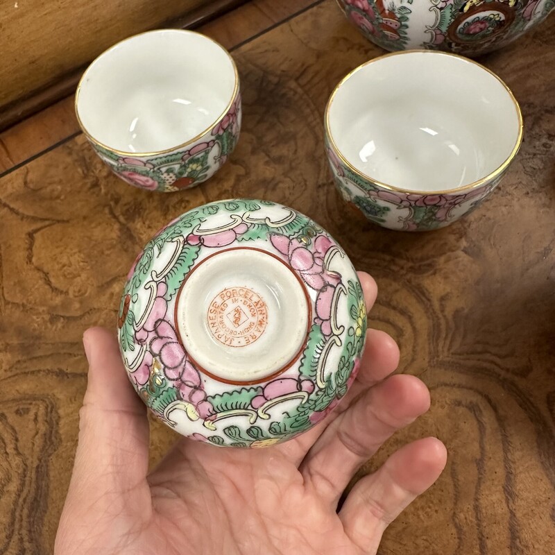 Signed Rose Mediallion 6pc Tea Set, 5 Cups plus teapot