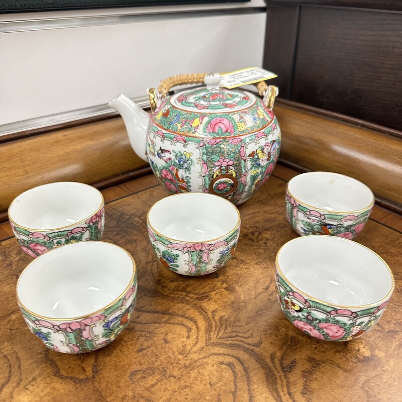 Signed Rose Mediallion 6pc Tea Set, 5 Cups plus teapot