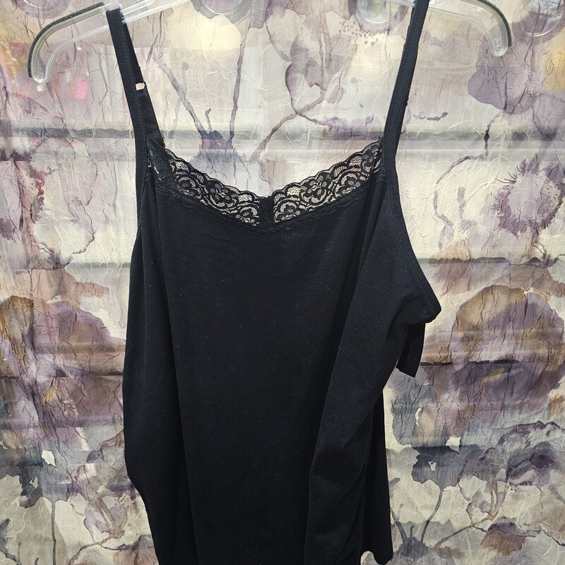 Black knit tank top with lace on the neck