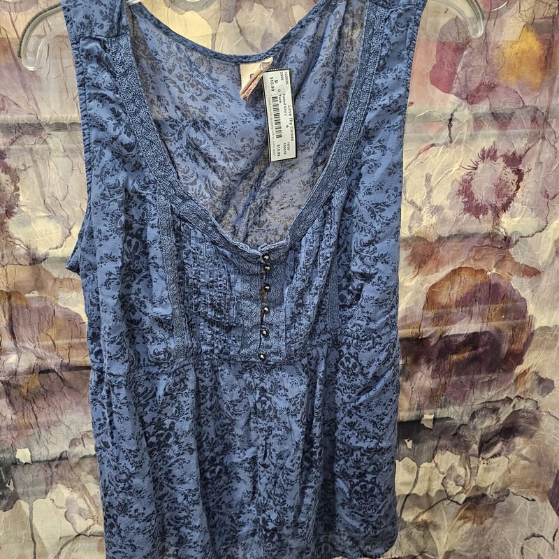 Boho style tank in blue with navy print.