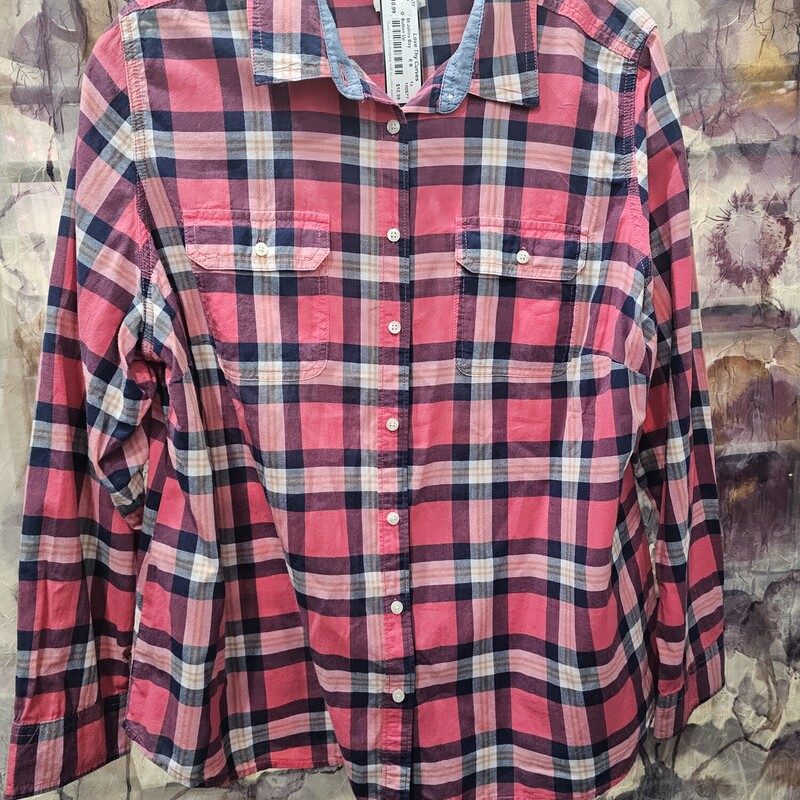 Long sleeve button up top in pink and blue plaid