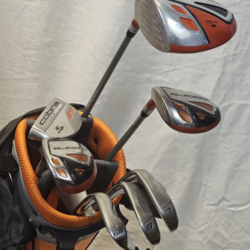 Cobra Jr 7 Piece Golf Club Set<br />
Size: Jr<br />
Age: 9 - 12<br />
Height: 53in +<br />
Graphite Shafts w/ Junior Regular Flex<br />
Condition: Pre-Owned Like New<br />
<br />
Set Includes:<br />
- Driver<br />
        - Forgiving, 375cc Head<br />
        - Higher Lofted, Fast Launching Design<br />
        - Lightweight, Junior-Flex Shaft and Junior-Sized                   Grip<br />
        - Cobra Cap Driver Head Cover High End PU            Leather<br />
- Fairway Wood & Hybrid<br />
        - Low Center of Gravity for Easy Ball Flight<br />
        - Lightweight , Junior-Flex Shaft and Junior-Sized           Grip<br />
        - Stainless Steel Construction<br />
        - Head Cover for Each<br />
- 7 Iron & 9 Iron<br />
        - Perimeter Weighted for More Forgiveness<br />
        - Lightweight, Junior-Flex Shaft and Junior-Sized           Grip<br />
        - Stainless Steel Construction<br />
- Sand Wedge<br />
        - Perfect for Around the Green<br />
        - Lightweight, Junior-Flex Shaft and Junior-Sized                   Grip<br />
        - Stainless Steel Construction<br />
- Putter<br />
        - Mallet Shape for Easy Alignment<br />
        - Stainless Steel Construction<br />
- Lightweight Stand Bag<br />
        - Premium, Durable Nylon Construction<br />
        - Lightweight Design with 6 Pockets<br />
        - Duel Carry Strap
