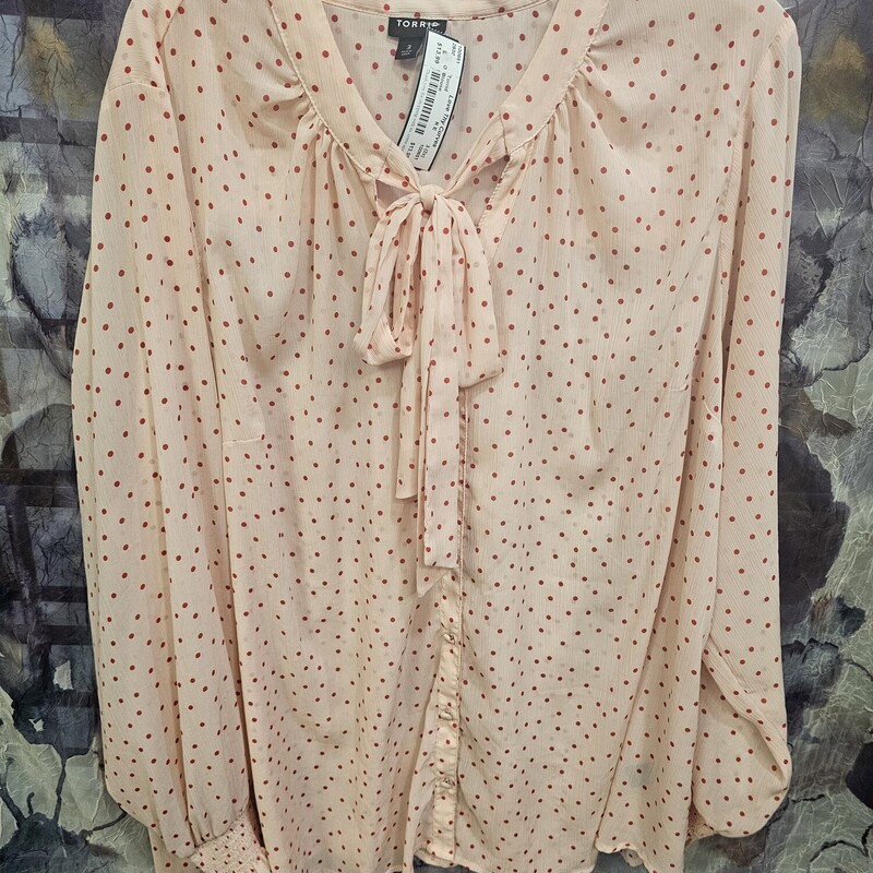 SUPER CUTE long sleeve sheer blouse in light pink with red polka dots! OMG