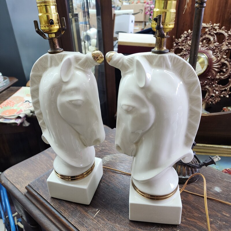 Amazing Mid Century Horse Head Lamps, White Ceramic. Size: Pair As Is -Need to be re-wired. 14 in tall from base to top of head
