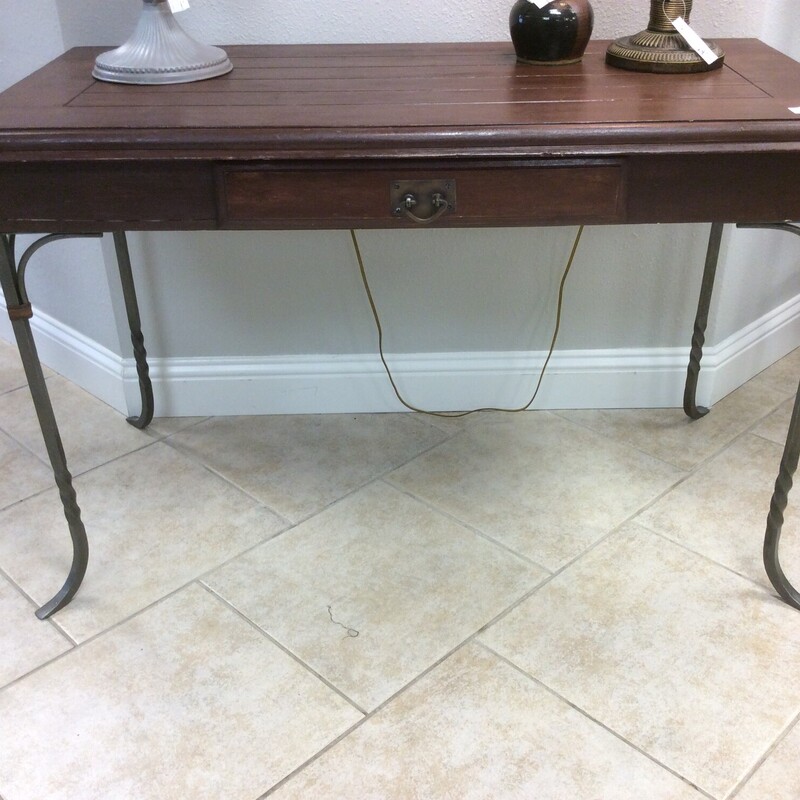 Cherry wood finish writing table with one drawer with metal legs. Size: 48x24x31