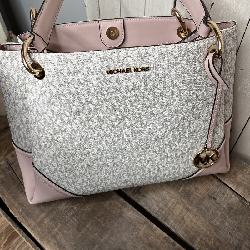 NWT Michael Kors large LG Nicole shoulder tote, satchel, purse, handbag, bag

MK signature coated canvas with genuine leather corners and handles
Vanilla and powder blush pink color with gold tone hardware
Magnetic snap closure
10 x 13.5 x 5.5
9.5 strap drop
Fabric lined interior with 3 separate compartments
1 zip and 1 slip pockets