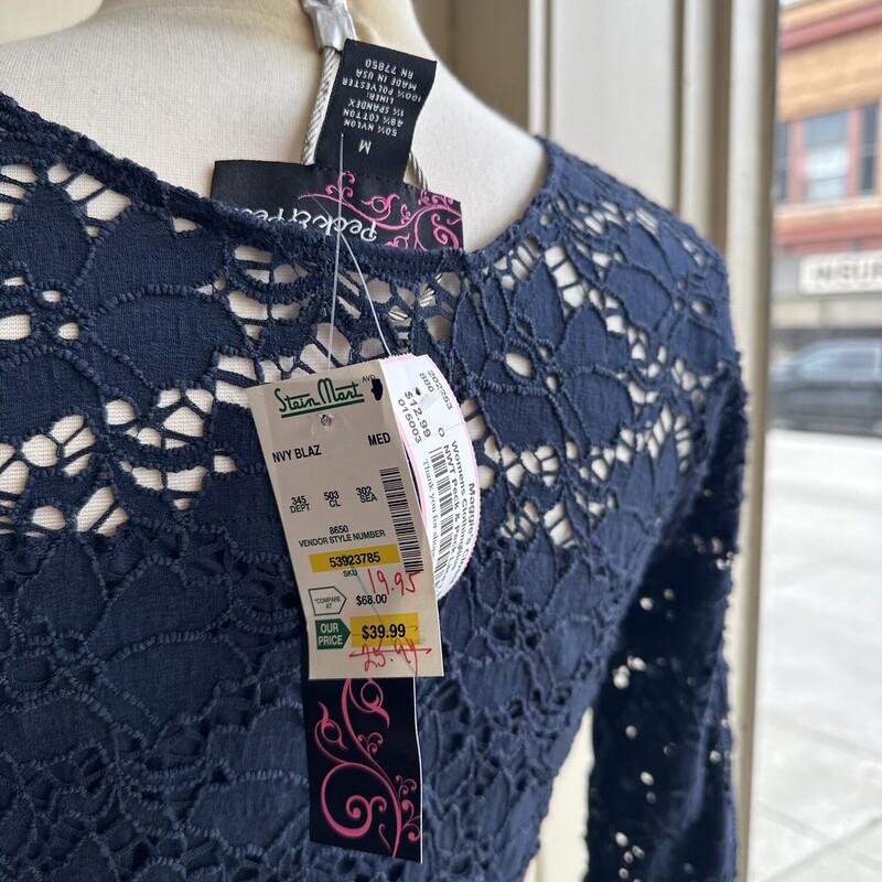 New With Original Tags:  Peck & Peck Lace Top, Blue, Size: M<br />
All sales are final.<br />
Pick up from store within 7 days of purchase or have it shipped.