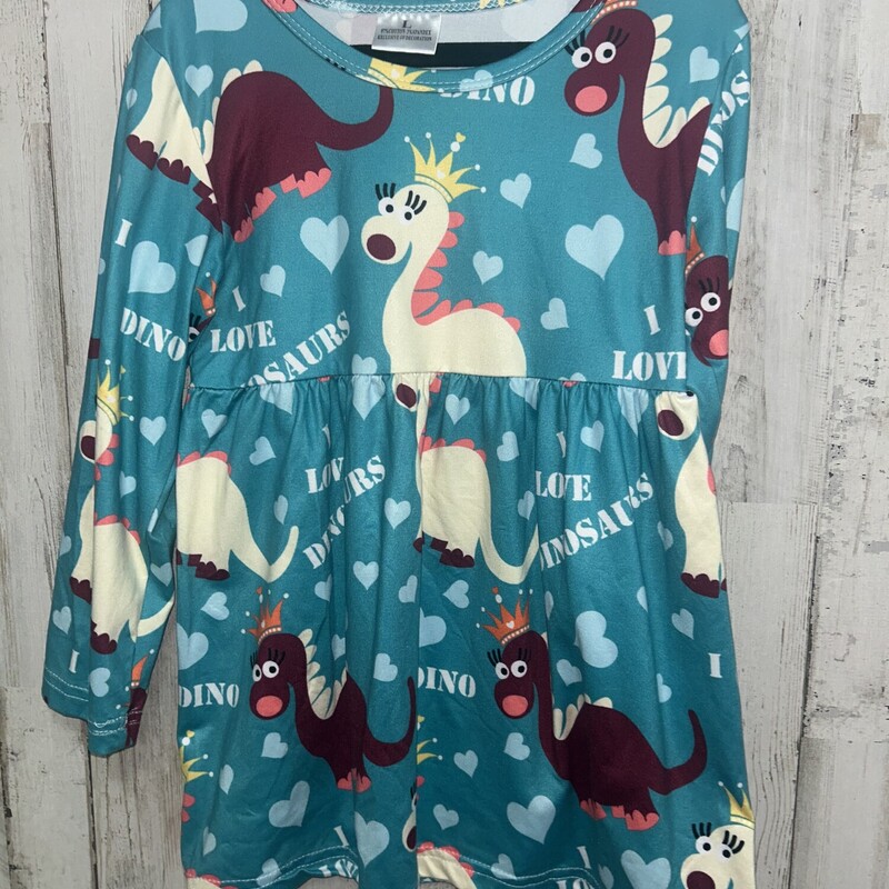 3  Teal Dino Print Dress, Teal, Size: Girl 3T
