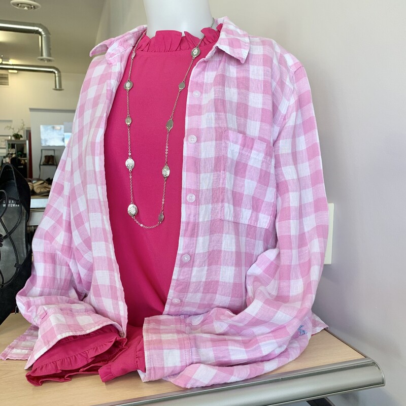 Joules Linen Blouse,
Colour: Pink and White,
Size: 14,
Material: 100% linen

shown in picture over a hot pink J Crew ruched blouson in size XLarge