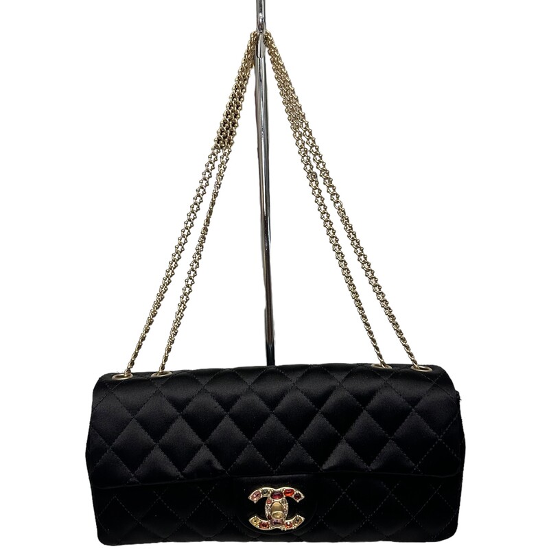 Chanel Bijoux Satin Chain Black Shoulder Bag<br />
<br />
Note: Center stone is half missing on clasp. See photos<br />
<br />
Dimensions:<br />
25Wx11.5Hx5D cm<br />
Strap drop: 40cm<br />
<br />
Code: 12068025