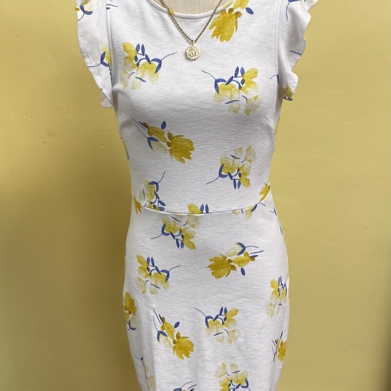 this dress is absolutely adorable
a straight fit
ruffled sleeves
zips up the back, mid length
solid white background with beautiful yellow floral pattern

Dip, White, Size: 8