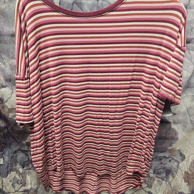 Short sleeve tee in a fun stripe with burgandy pinks and beige