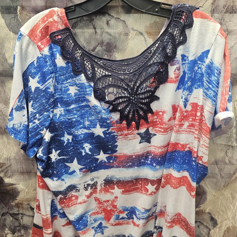 Short sleeve knit top in red white and blue with bling and lace