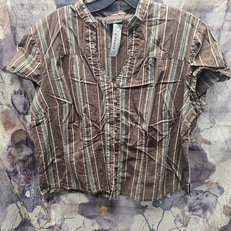 Short sleeve button up blouse in brown with green striping.