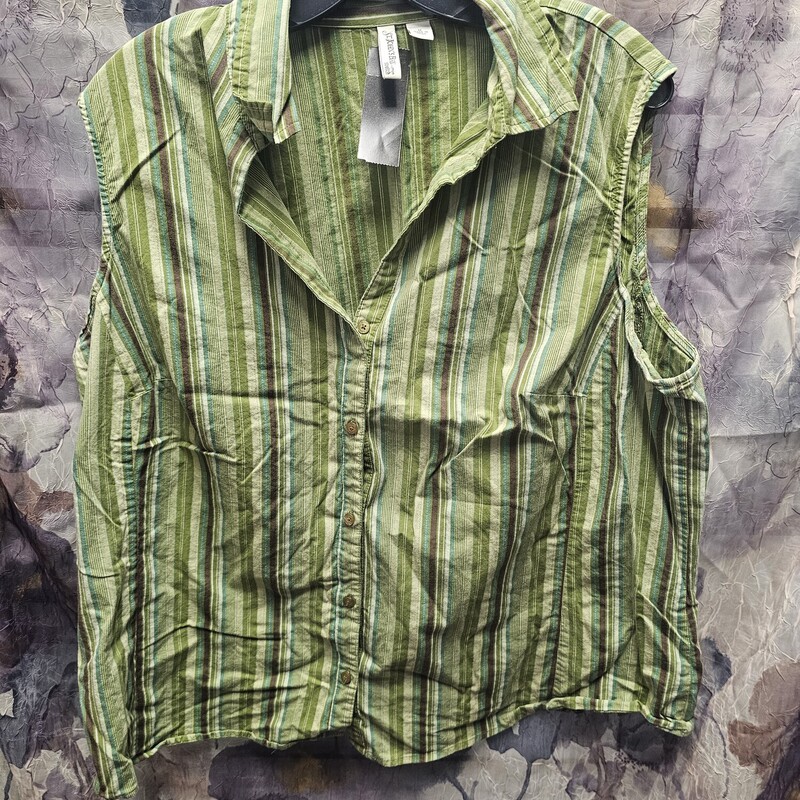 Sleeveless button up blouse in greens stripe.