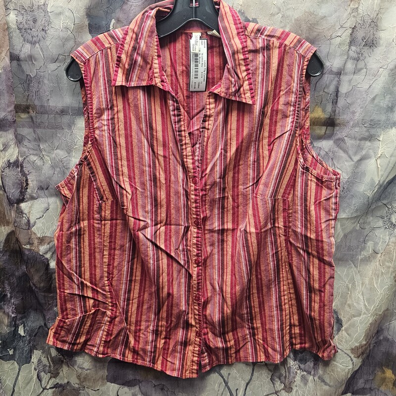 Sleeveless button up blouse in orange, burgandy and brown stripe.