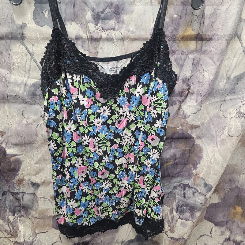 Black cami with neon blue pink and green floral design.