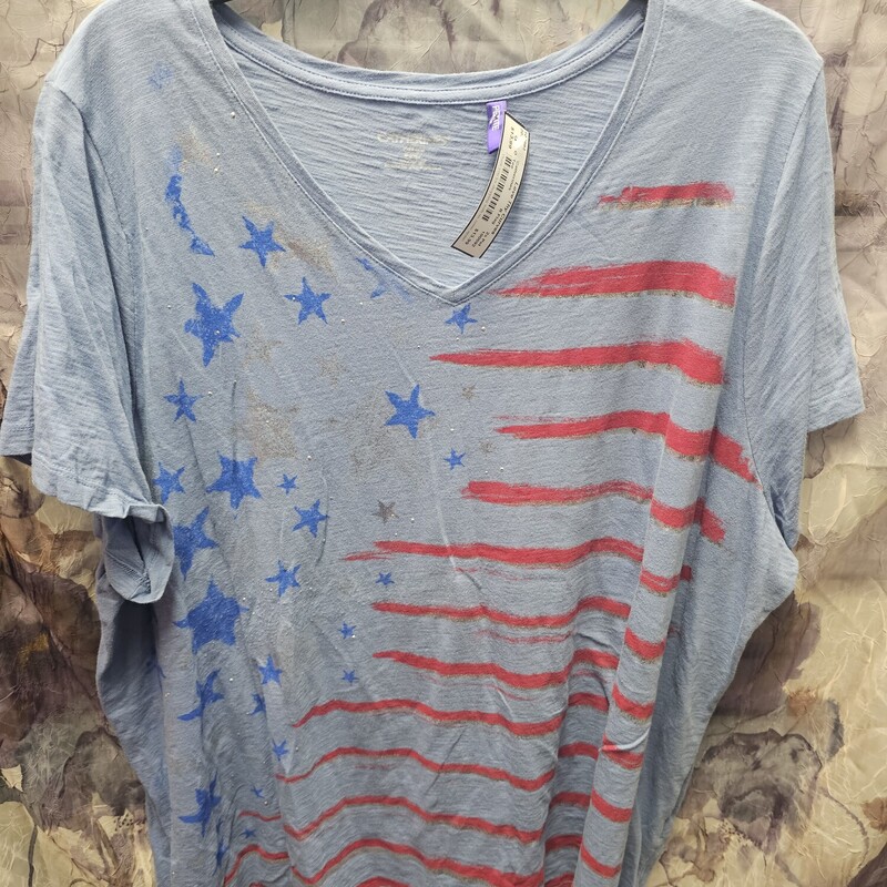 Short sleeve tee in blue with patriotic flag graphic