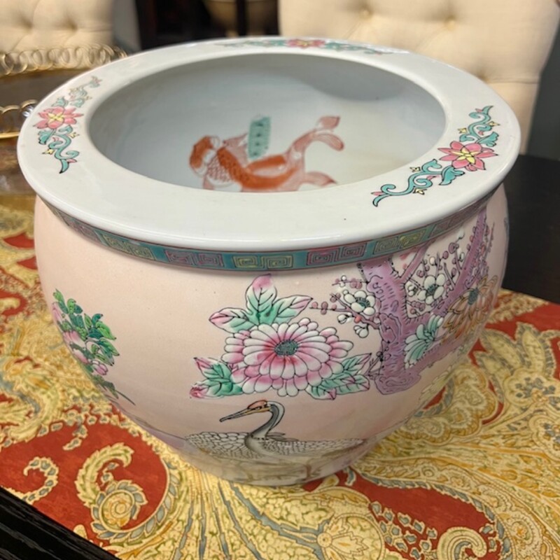 Asian Stork And Fish Round Planter
Pink, White and Purple
 Size: 12x10