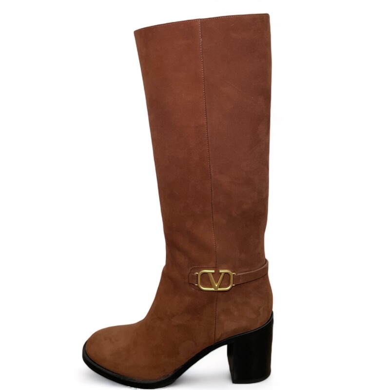 Valentino V Logo Suede Buckle Knee High Block Heel Boots.
Logo buckle strap at ankle.
Heel Approximately 3.15
Shaft 15.5